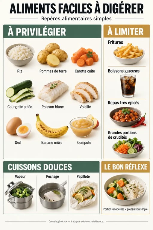 Infographie des aliments faciles à digérer, des aliments à limiter et des cuissons douces