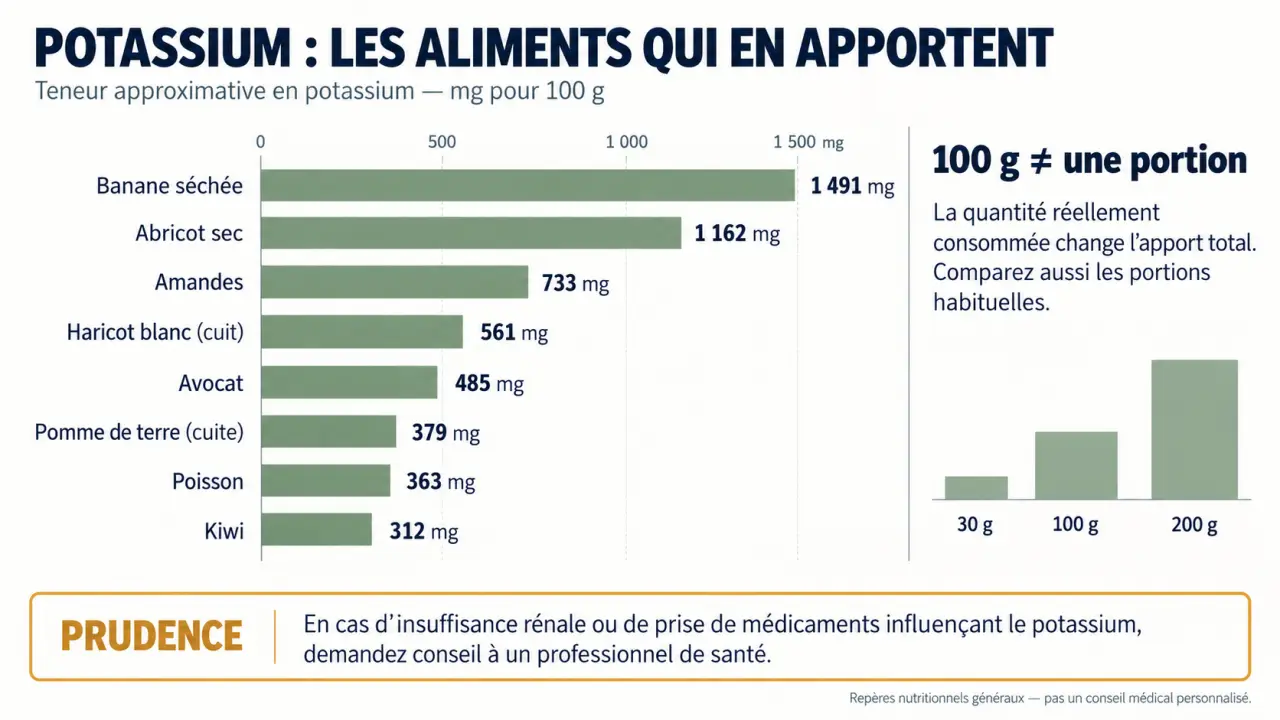 Infographie sur une alimentation riche en potassium avec classement des aliments et teneurs pour 100 g