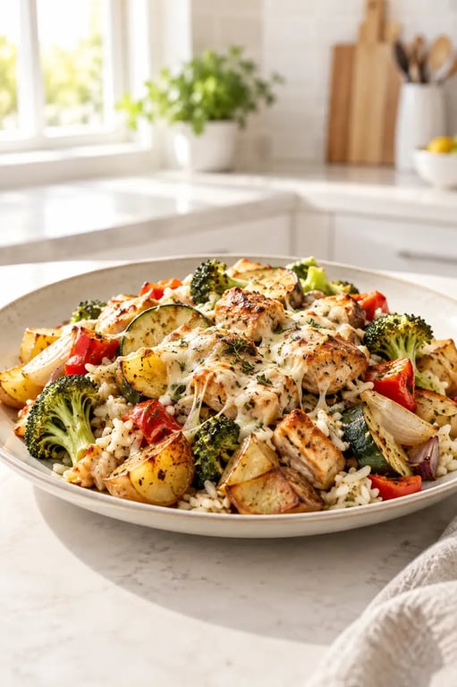 Recette avec reste dans le frigo : plat complet de riz, légumes, poulet et fromage