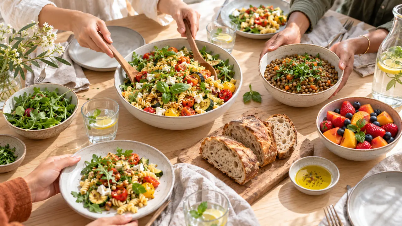 Table conviviale avec un repas simple et coloré à partager