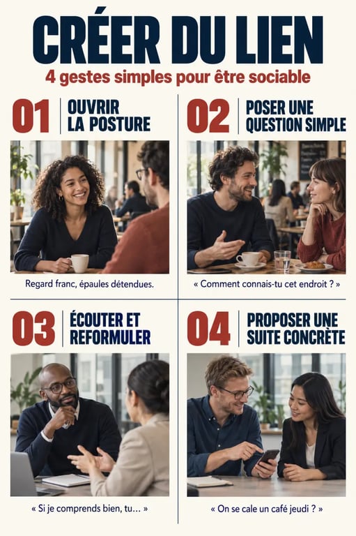 Illustration des étapes pour être sociable : posture ouverte, question, écoute active et maintien du lien