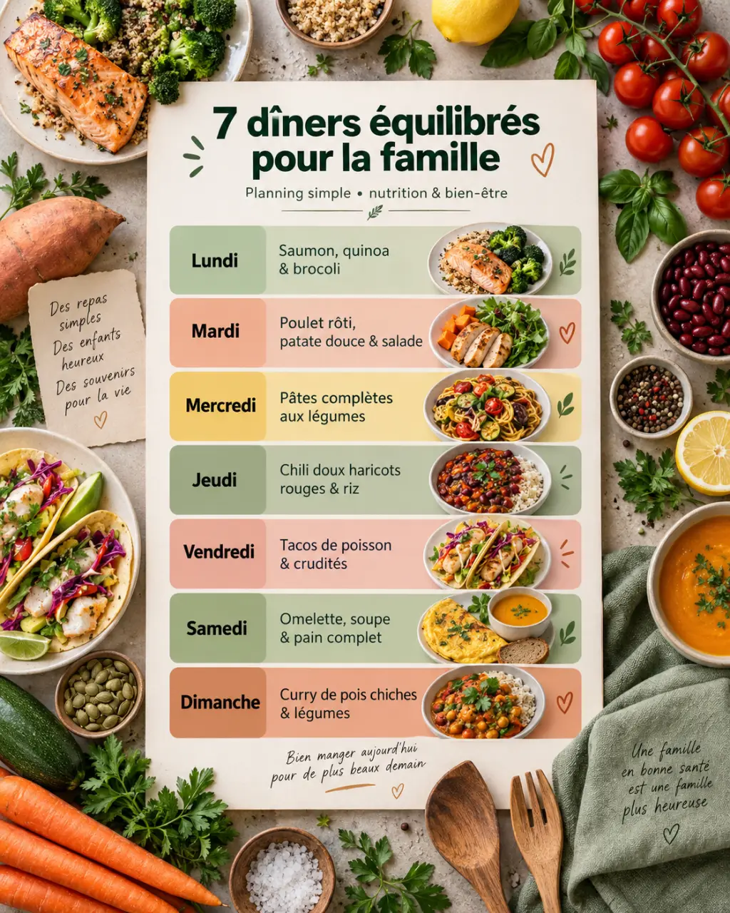 7 dîners équilibrés pour la famille, un planning simple du lundi au dimanche